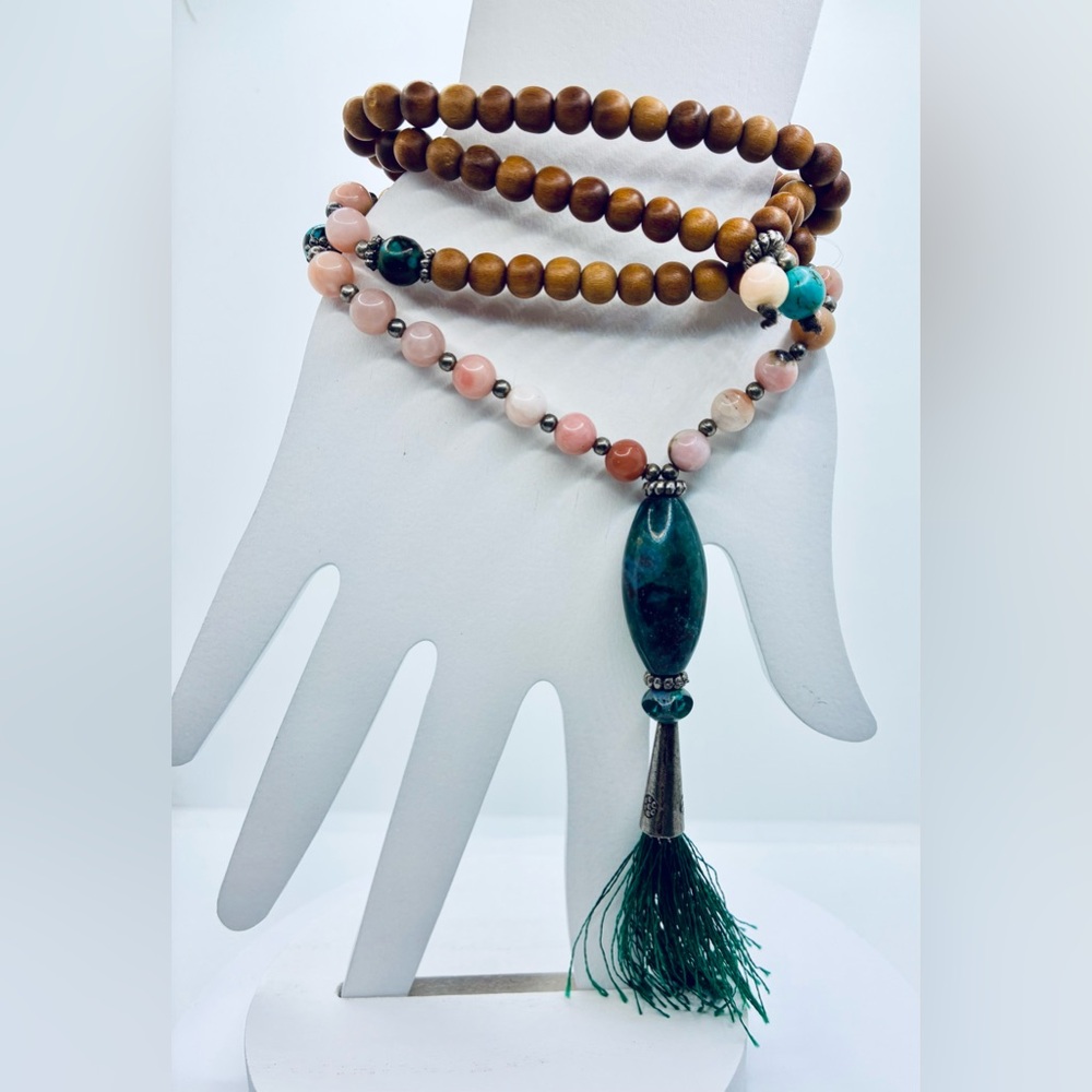 Heart Healing Mala Necklace or Bracelet Sandalwood, Bloodstone, Turg & Pink Opal